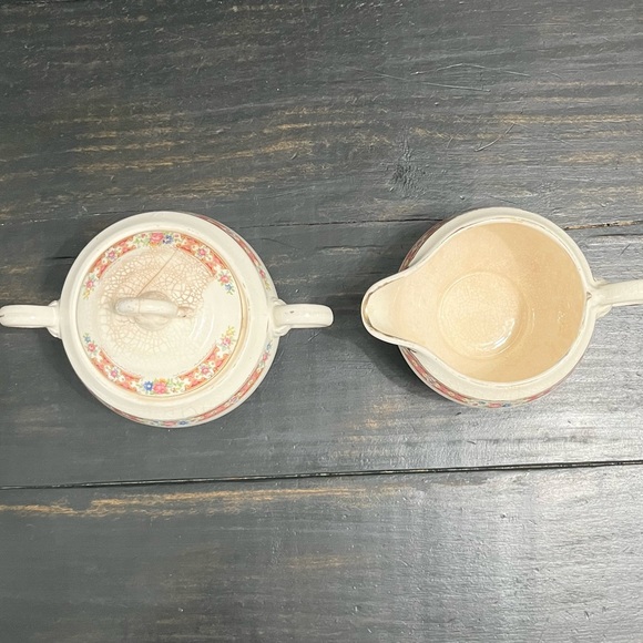 Antique Crown Potteries Co Creamer and Sugar Bowl Set  Pink Floral Design - Picture 7 of 16